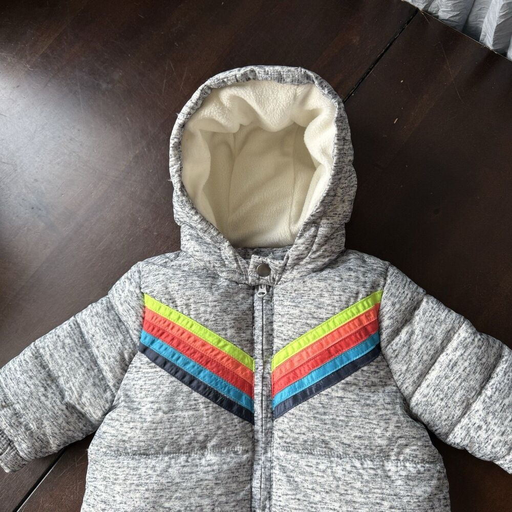 GYMBOREE Rainbow Stripe Puffer Snowsuit Grey Hooded Bunting 3-6 Months Soft.